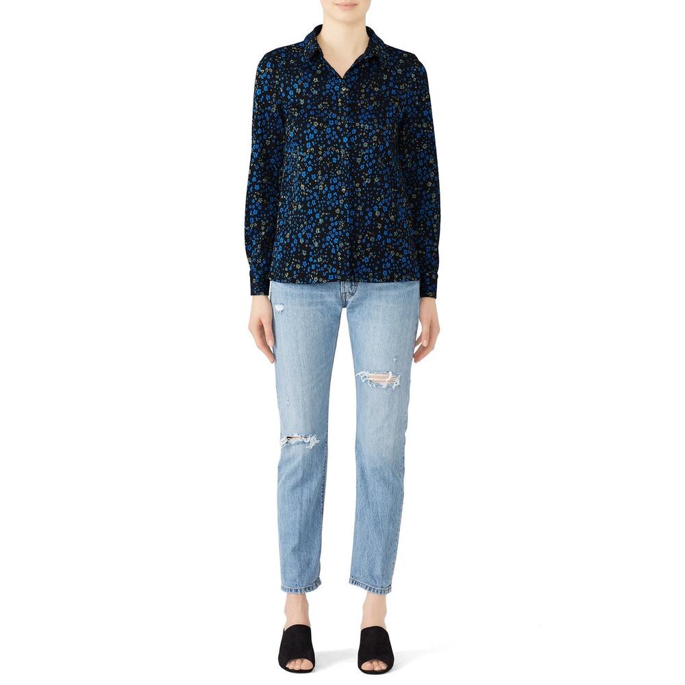 STINE GOYA Black Blue Metallic Button Front Floral Lucian Long Sleeve Top sz XS